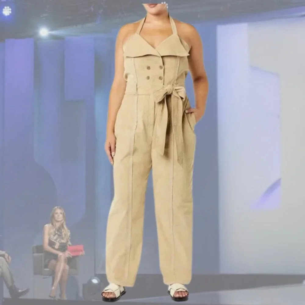NWT MAKING THE CUT - Deconstructed Halter Jumpsuit Corduroy - Beige/Khaki - 2x